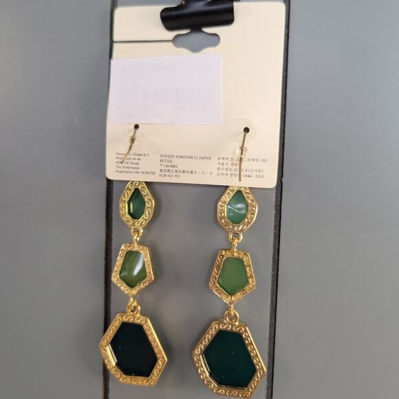 Forever 21 Green Gold Tone Geometric Drop Earrings Dangle Statement Boho Chic - Picture 5 of 7